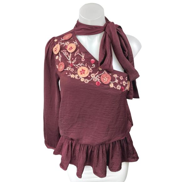 Vero Moda Red Embellished Embroidered One Shoulder Tie Neck Peplum Blouse Top S - Picture 1 of 5